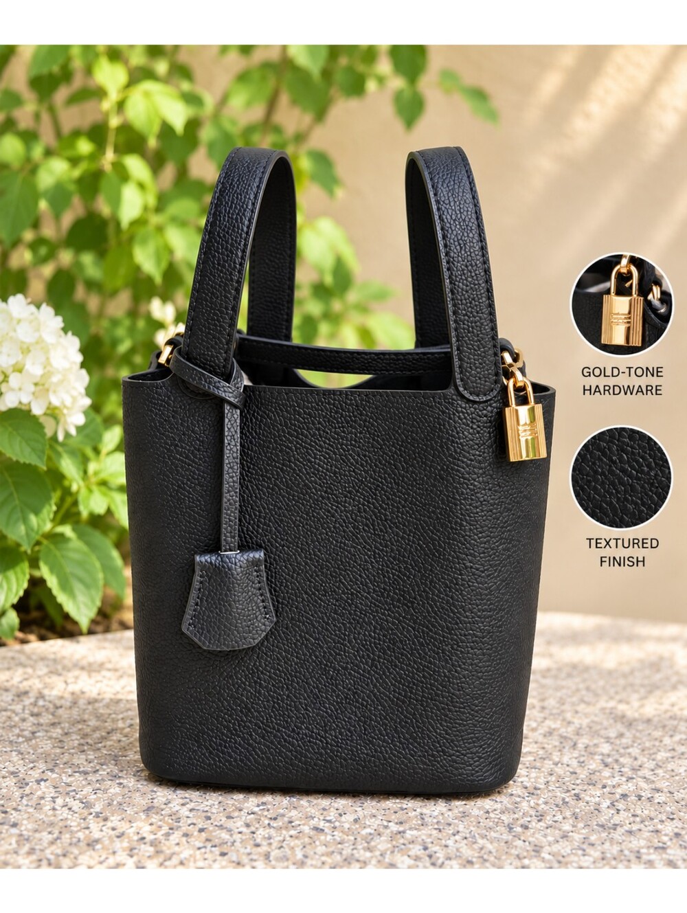 NWOT Minimalist Black Pebbled Texture Bucket Bag, Small